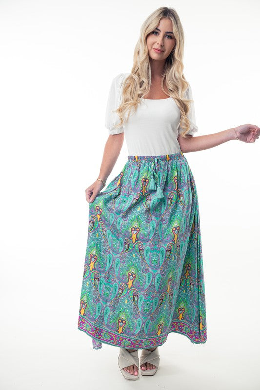 Hazel Blues® |  Printed Elastic Waist Band Long Skirt with Tassels in Mint Combo