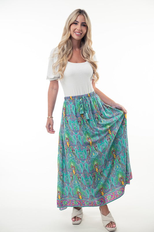 Hazel Blues® |  Printed Elastic Waist Band Long Skirt with Tassels in Mint Combo