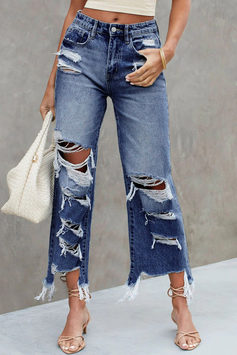 Hazel Blues® |  Heavy Destroyed High Waist Jeans: Medium Wash