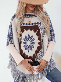 Hazel Blues® |  Fringe Geometric Long Sleeve Poncho