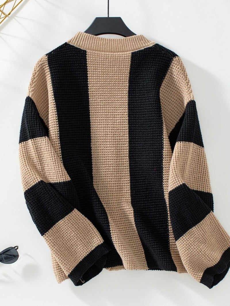 Hazel Blues® |  Waffle-Knit V-Neck Striped Long Sleeve Cardigan