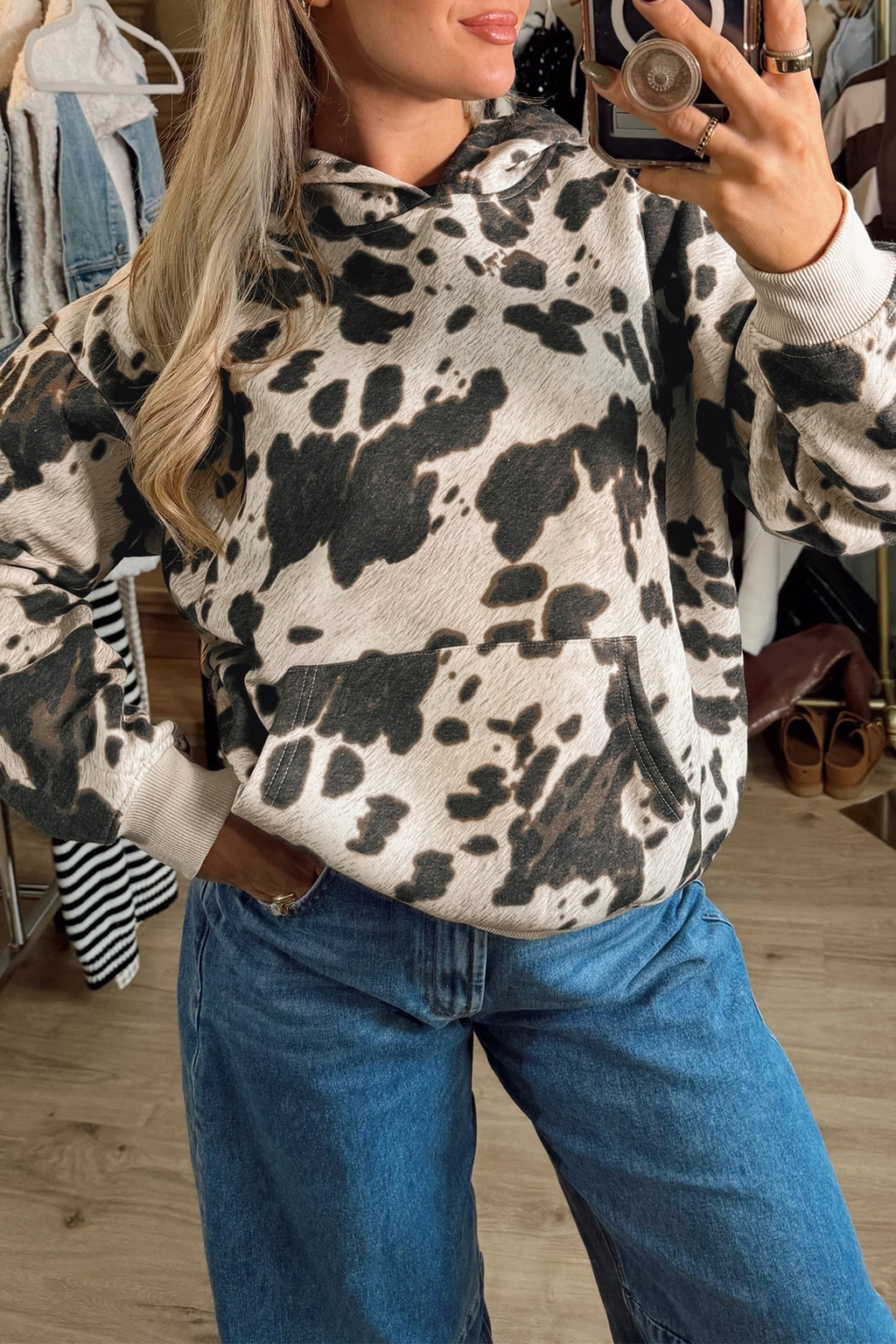 Western Cow-Print Pocket Hoodie