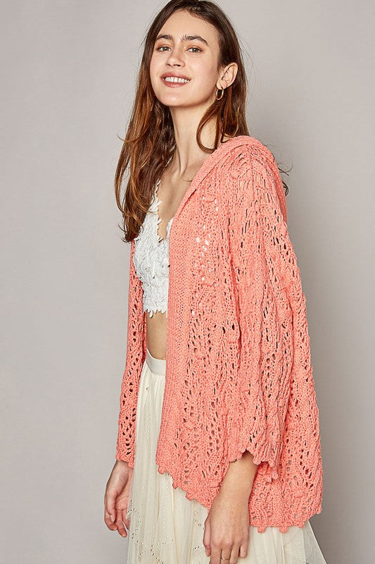 Hazel Blues® |  Open Weaving Long Sleeve Hoodie Sweater Cardigan in Coral