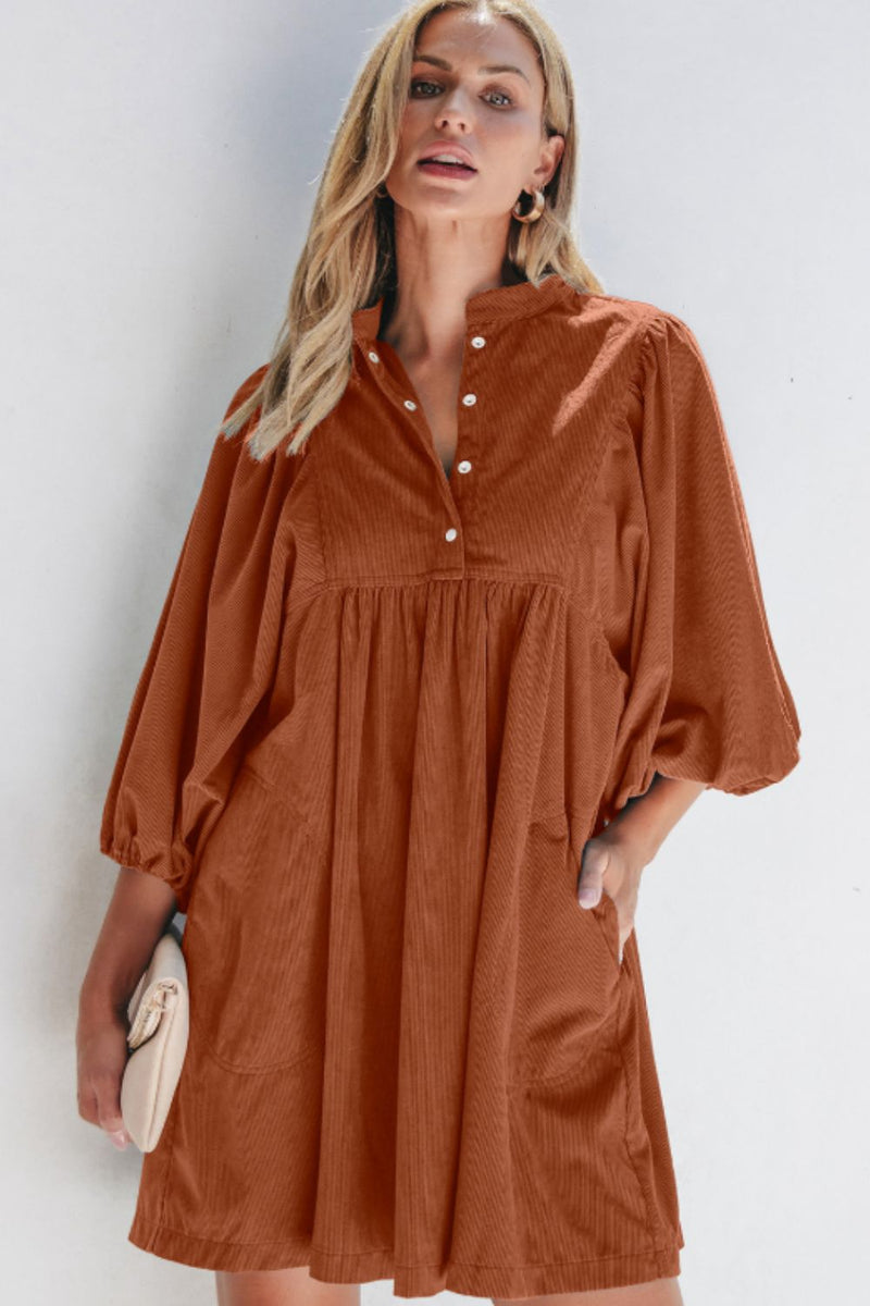 Hazel Blues® |  Corduroy Quarter Snap Three-Quarter Sleeve Dress