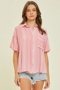 Hazel Blues® |  Light Airy Stripe Gauze Button Down Shirt in Pink