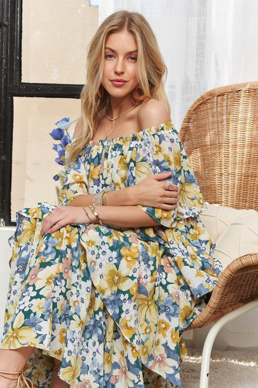 yellow floral off the shoulder dress ADORA Layered Floral Off-Shoulder Short Sleeve Maxi Dress NAVY / M