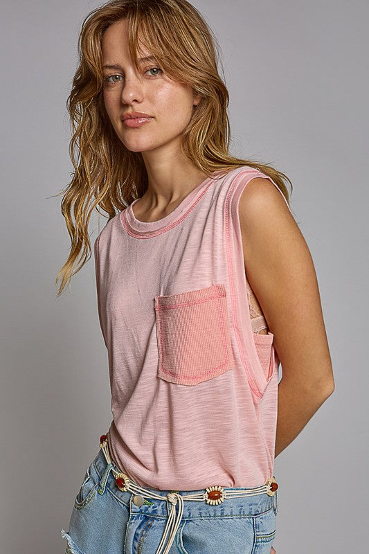 Hazel Blues® |  Round Neck Sleeveless Pocket Front Solid Top in Blush