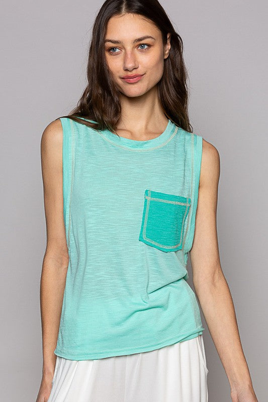 Hazel Blues® |  Round Neck Sleeveless Pocket Front Solid Top in Blue