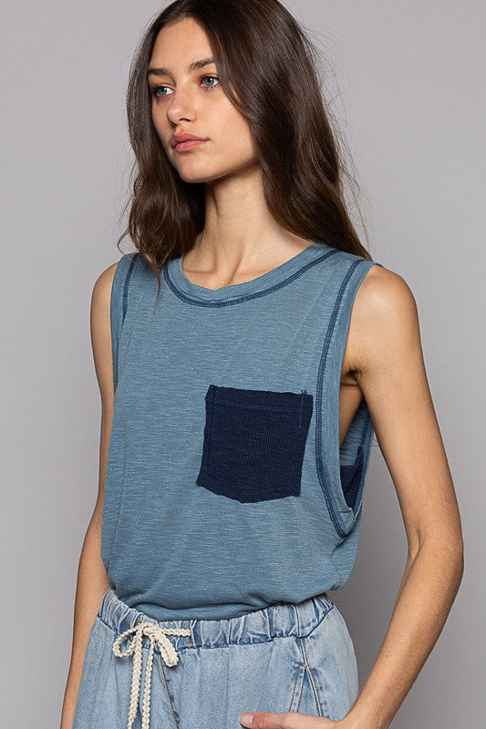 Hazel Blues® |  Round Neck Sleeveless Pocket Front Solid Top in Denim