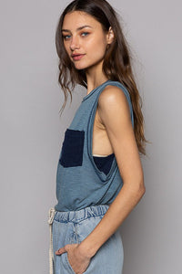 Hazel Blues® |  Round Neck Sleeveless Pocket Front Solid Top in Denim