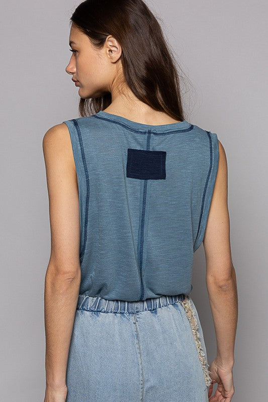 Hazel Blues® |  Round Neck Sleeveless Pocket Front Solid Top in Denim