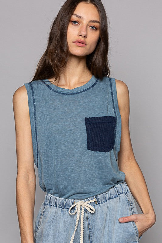 Hazel Blues® |  Round Neck Sleeveless Pocket Front Solid Top in Denim