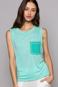 Hazel Blues® |  Round Neck Sleeveless Pocket Front Solid Top in Blue