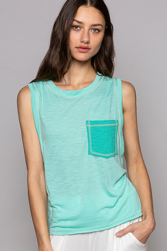 Hazel Blues® |  Round Neck Sleeveless Pocket Front Solid Top in Blue