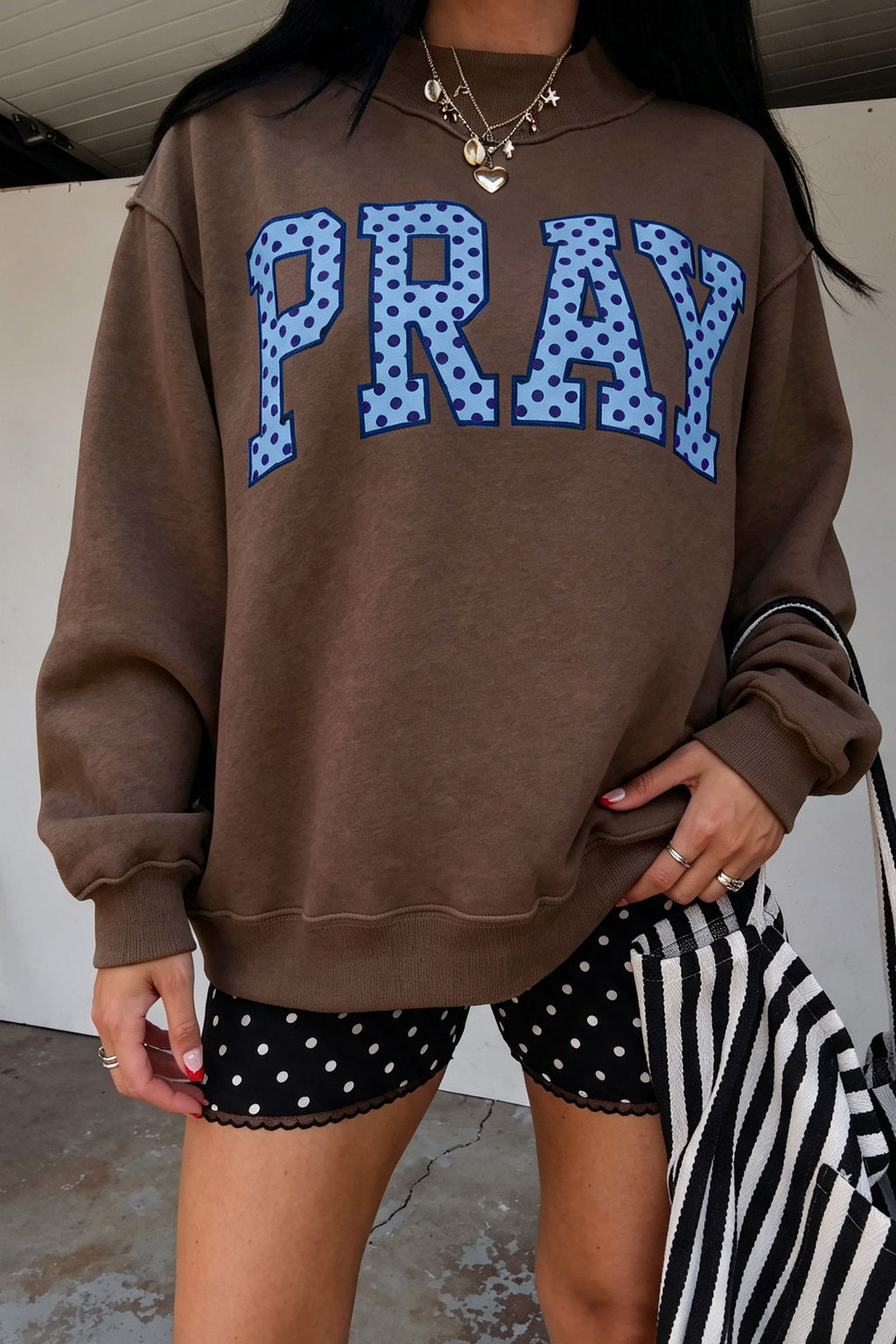 Brown PRAY Polka Dot Embroidered Sweatshirt