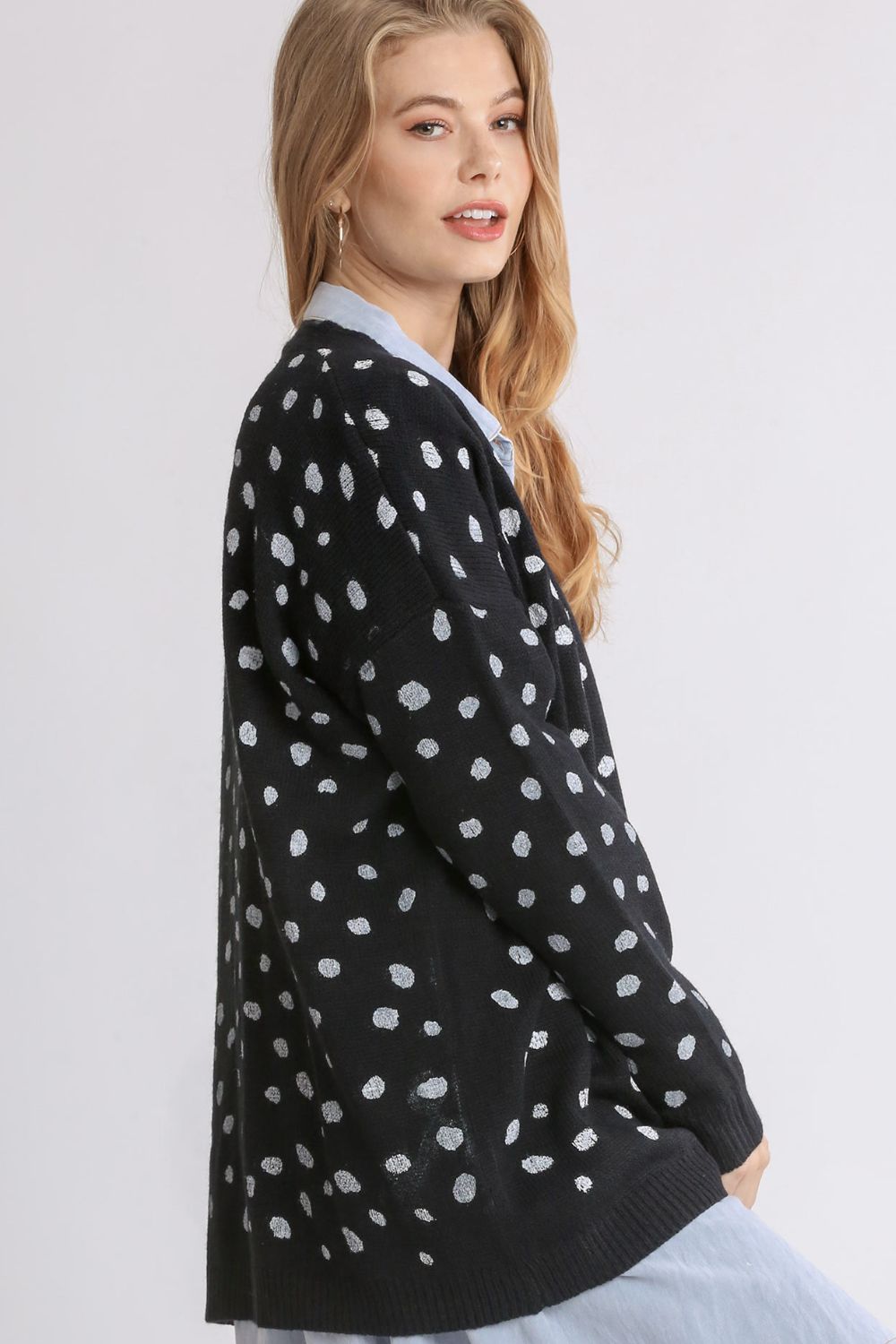 Hazel Blues® |  Umgee Polka Dot Open Front Drop Shoulder Cardigan