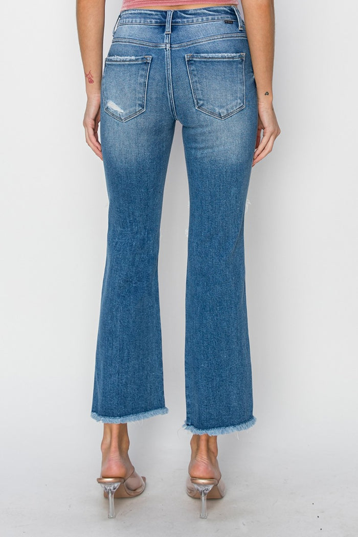 Hazel Blues® |  RISEN Mid Rise Distressed Cropped Flare Jeans