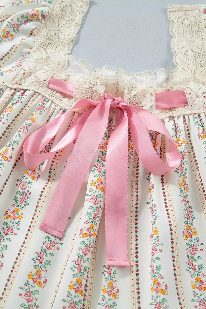 Hazel Blues | Multicolour Floral Print Contrast Ribbon Bow Lace Trim Square Neck Mini Dress Hazel Blues | Multicolour Floral Print Contrast Ribbon Bow Lace Trim Square Neck Mini Dress