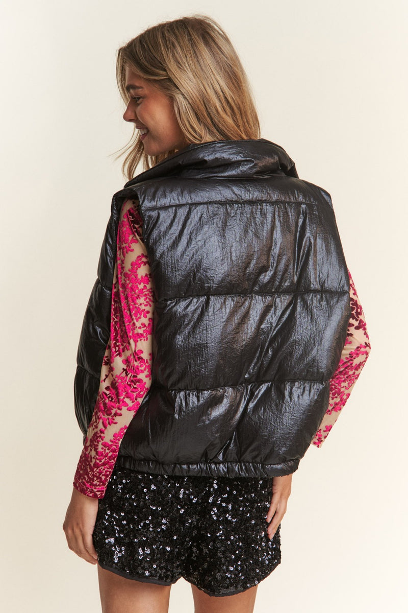 Hazel Blues® |  J.NNA Snap and Zipper Shiny Metallic Puffer Vest