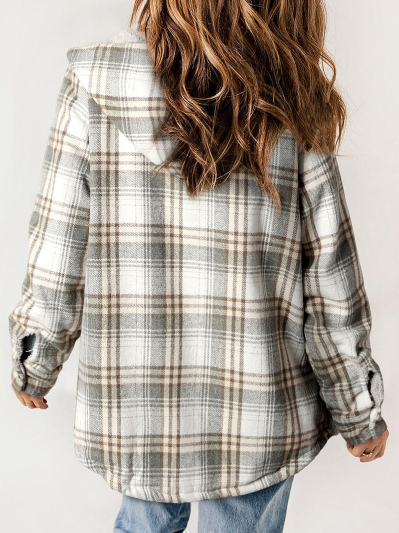 Hazel Blues® |  Plaid Snap Down Plush Hooded Jacket