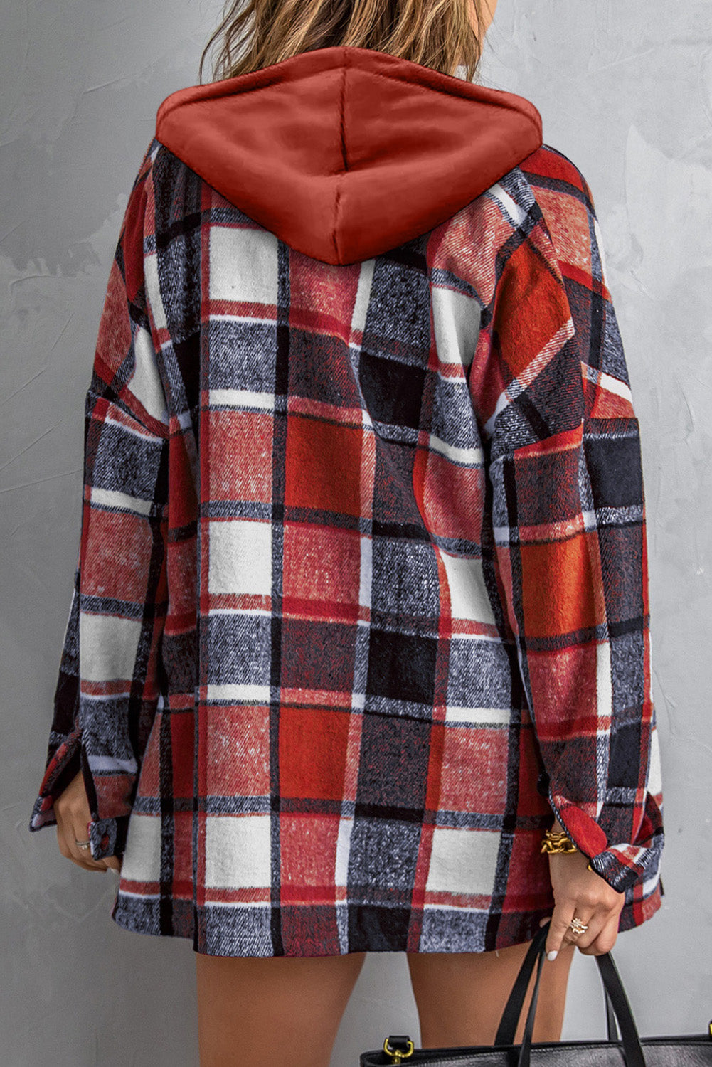 Fiery Red Hooded Plaid Button-Front Shacket