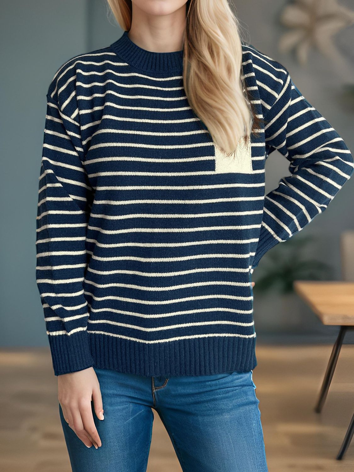 Hazel Blues® |  Striped Mock Neck Long Sleeve Sweater