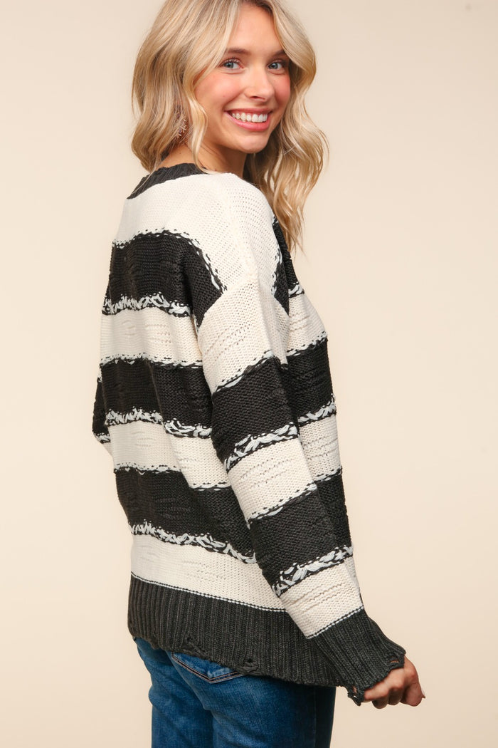 Hazel Blues® |  Haptics Striped Contrast Distressed Sweater