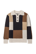 Hazel Blues® |  Multicolour Color Block Cable Knit Sleeve Buttons Collared Sweater