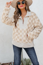 Hazel Blues® |  Khaki Checker Sherpa Corduroy Patchwork Zip up Collared Jacket