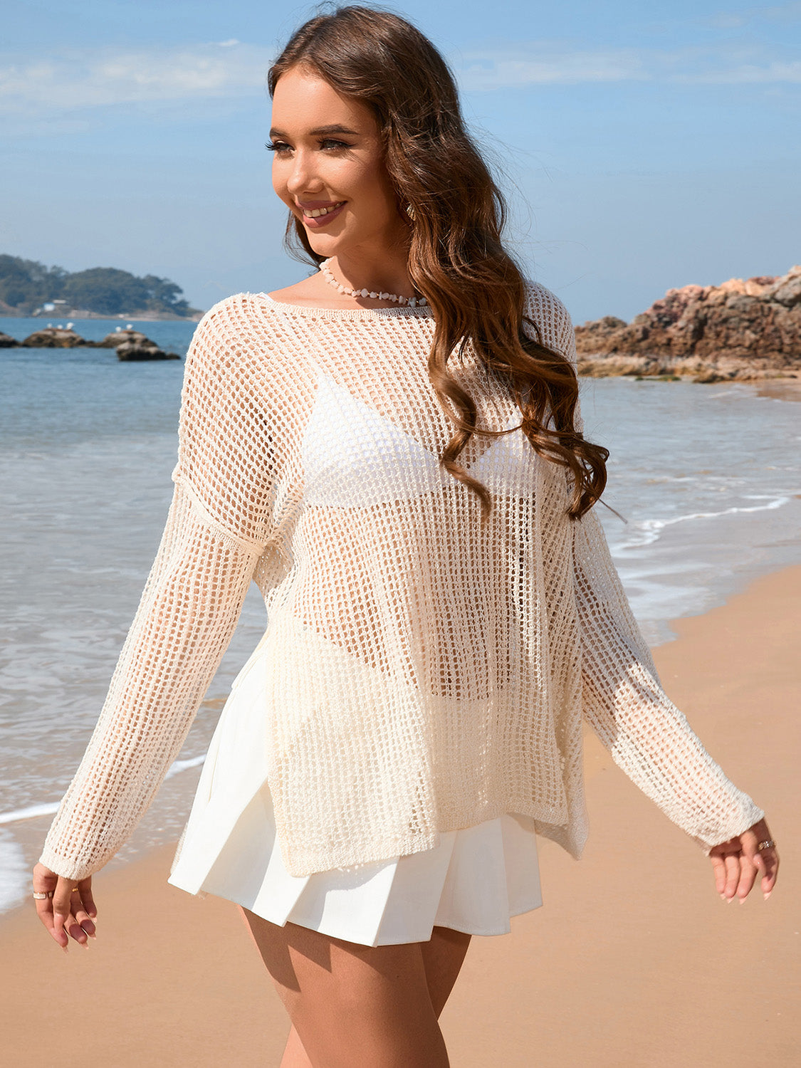 Hazel Blues® |  Openwork Slit Boat Neck Long Sleeve Cover-Up