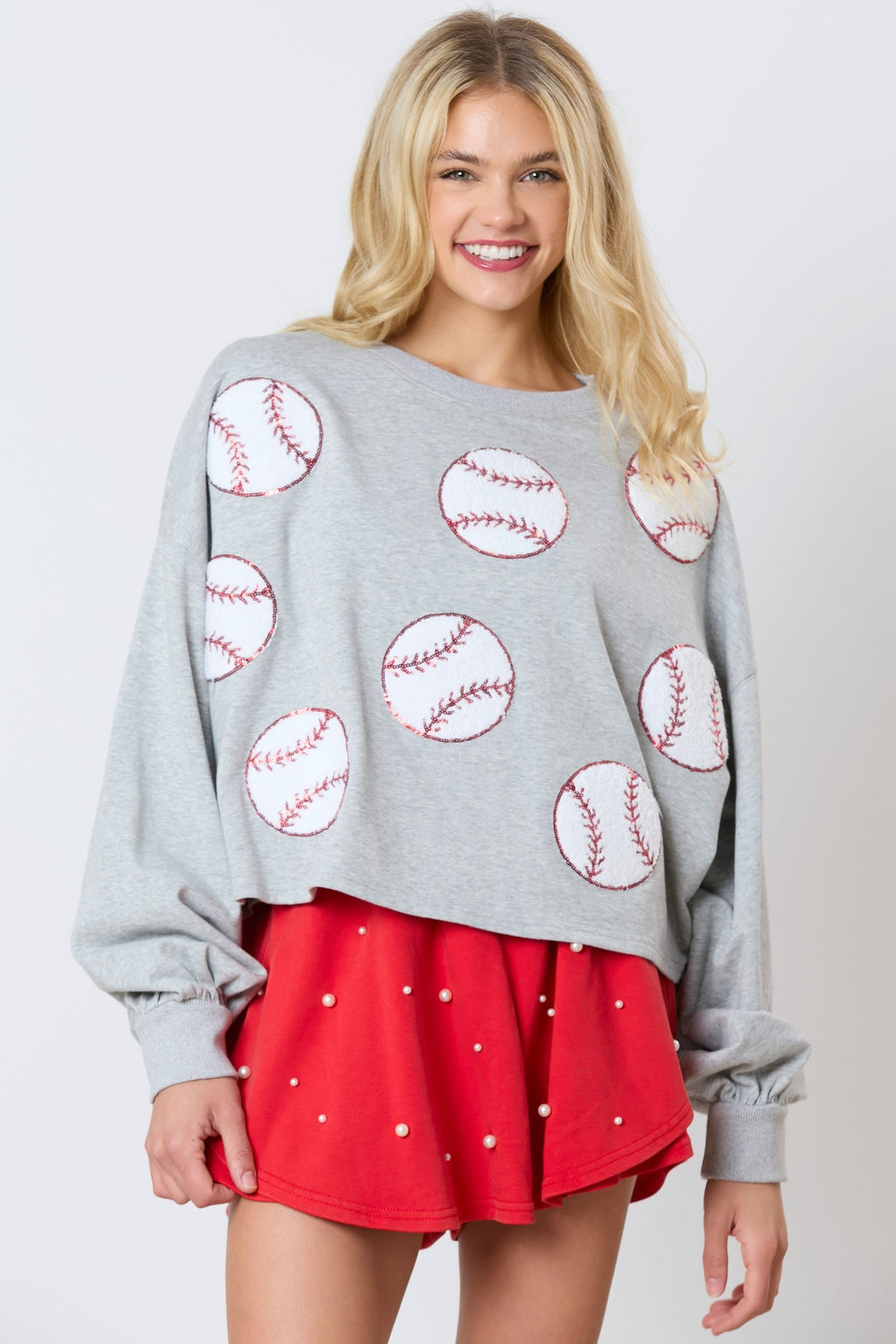 Hazel Blues® |  Baseball Towel & Sequins Embroidery Sweatshirt