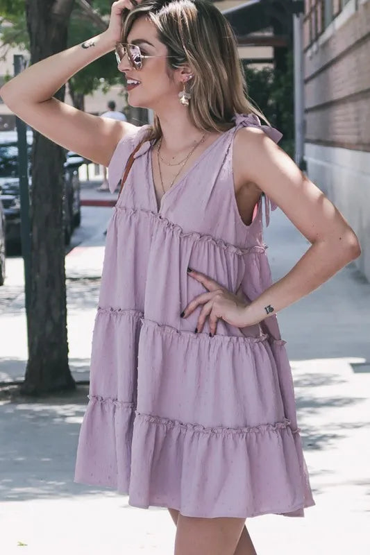 and The Why Polka Dot Textured Layered Flounce Ruffle Dress Lavender / M