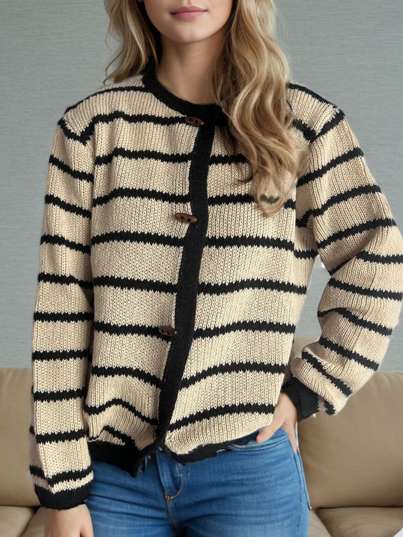 Hazel Blues® |  Striped Round Neck Long Sleeve Cardigan