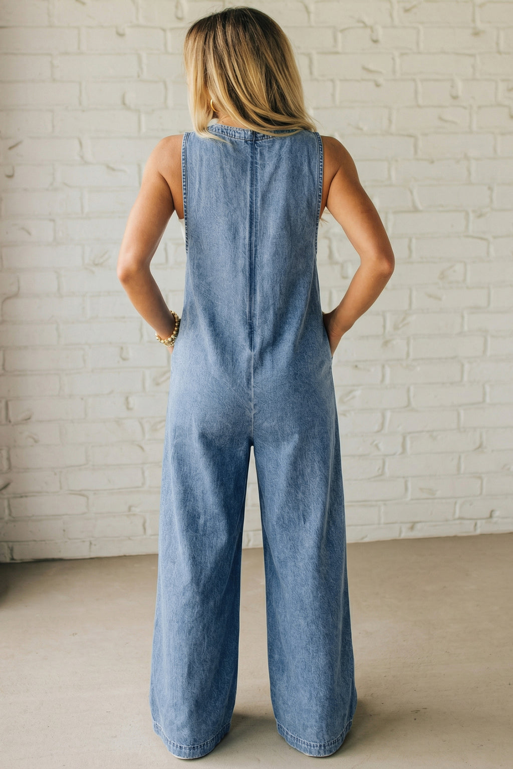 Dusk Blue Acid Wash Pintuck Tie V Neck Denim Wide Leg Jumpsuit