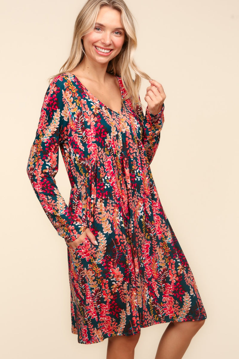 Babydoll Floral Knee Length Dress with Pockets in Hunter Green Berry – Hazel Blues®