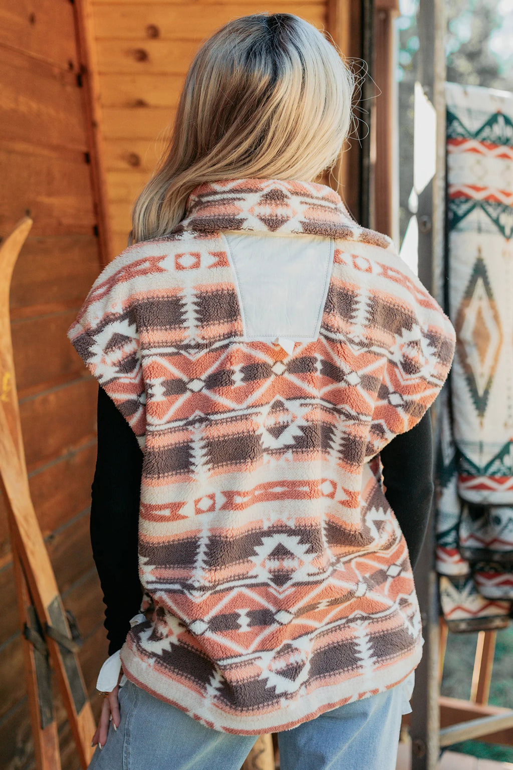 Multicolor Geometric-Print Fleece Button-Front Vest