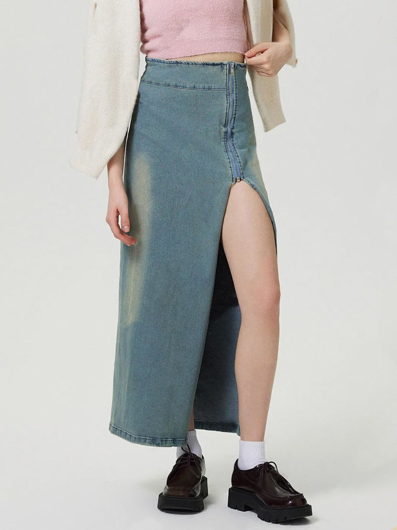 Hazel Blues® |  Slit Denim Skirt with Zip