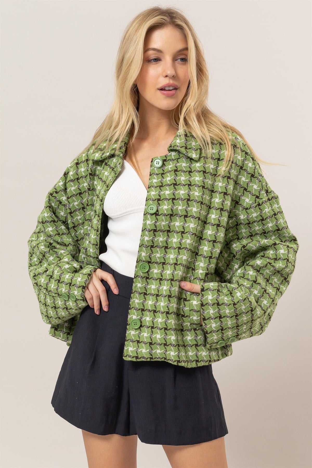 Hazel Blues® |  HYFVE Tweed Plaid Button Up Collared Neck Jacket