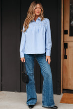 Hazel Blues® |  Sky Blue Stripe Shirred Detail Half Placket Collared Long Sleeve Fall Shirt