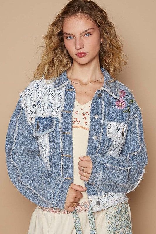 Hazel Blues® |  POL Crochet Patch Embroidered Button Up Jacket