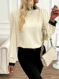 Hazel Blues® |  Bow Contrast Mock Neck Long Sleeve Blouse