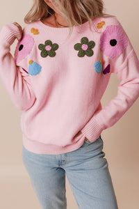 Hazel Blues® |  Crochet Flower Round Neck Dropped Shoulder Sweater