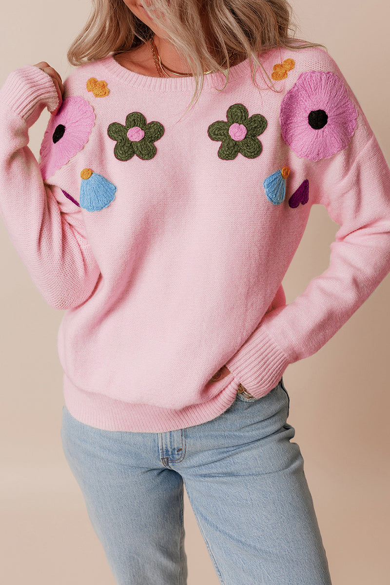 Hazel Blues® |  Crochet Flower Round Neck Dropped Shoulder Sweater