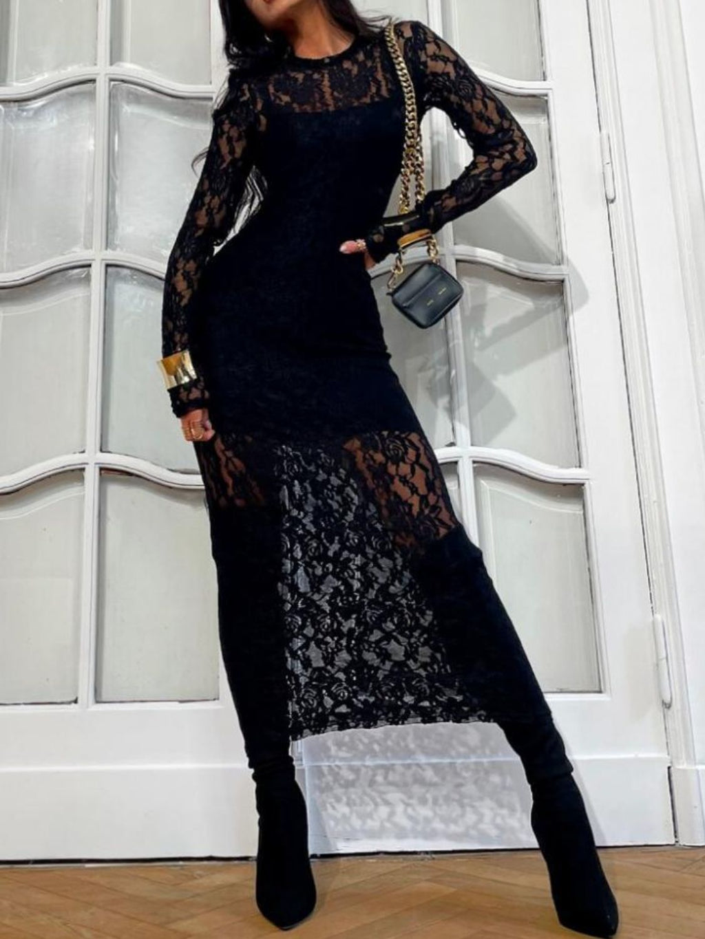 Hazel Blues® |  Lace Round Neck Long Sleeve Midi Dress