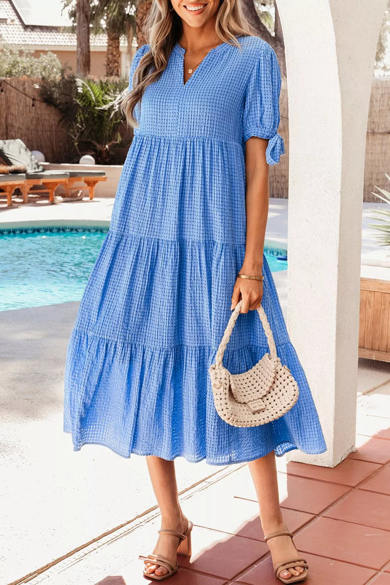tiered dress midi Cute Blue Stripe | Trendy Women's Dresses Team it with white kitten heels and a clutch for a stunning look that will have everyone asking Soft Breeze Tiered Midi Dress