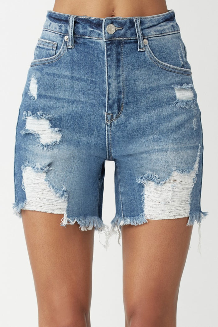 Hazel Blues® |  RISEN High Waisted Distressed Denim Shorts