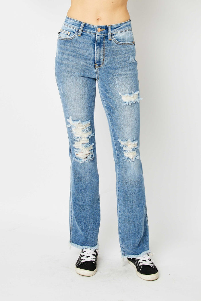 Hazel Blues® |  Judy Blue Distressed Raw Hem Bootcut Jeans