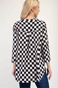 Hazel Blues® |  Celeste Curved Hem Checkered Notched Blouse