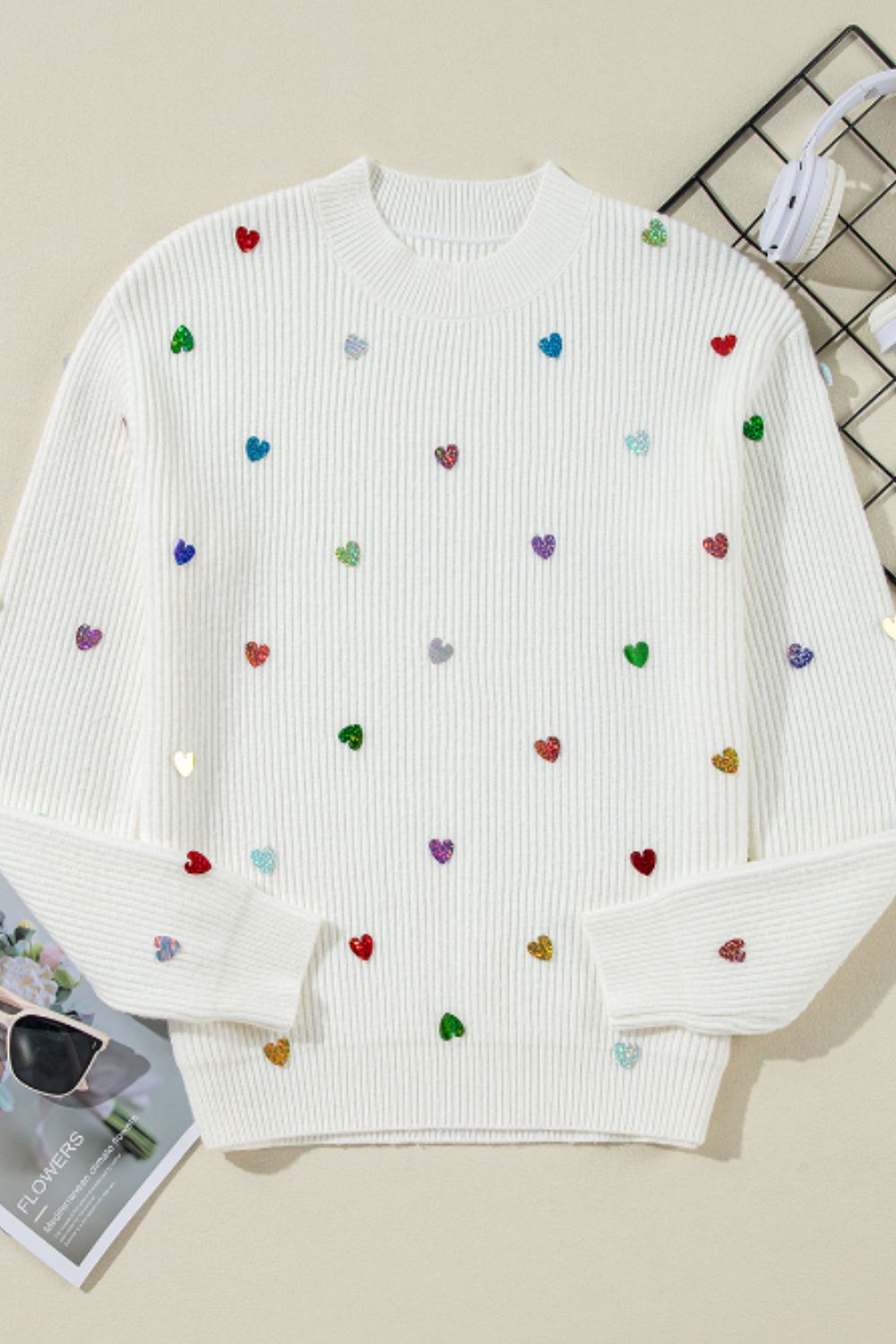 Hazel Blues® |  Heart Sequin Round Neck Long Sleeve Sweater