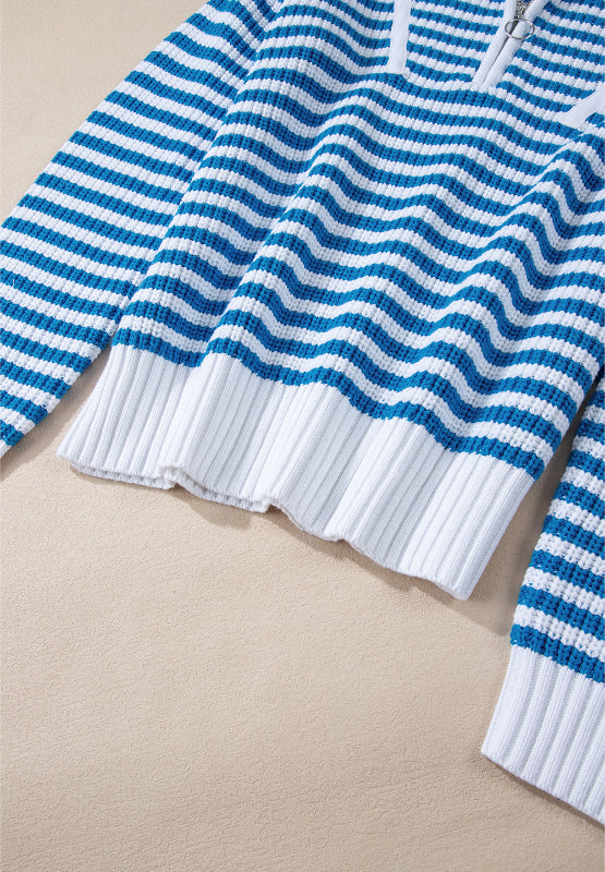 Hazel Blues® |  Striped Half Zip Mock Neck Long Sleeve Sweater